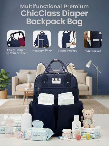 Multifunctional Premium ChicClass Diaper Backpack Bag with various compartments and baby items on a living room floor.