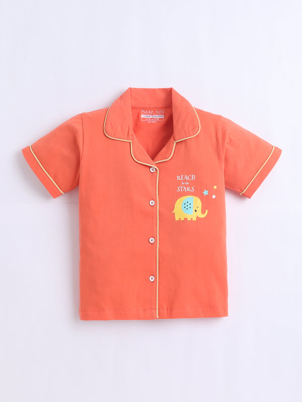 Polka Tots Half sleeves Starry Elephant Print  Night Suit - PEACH