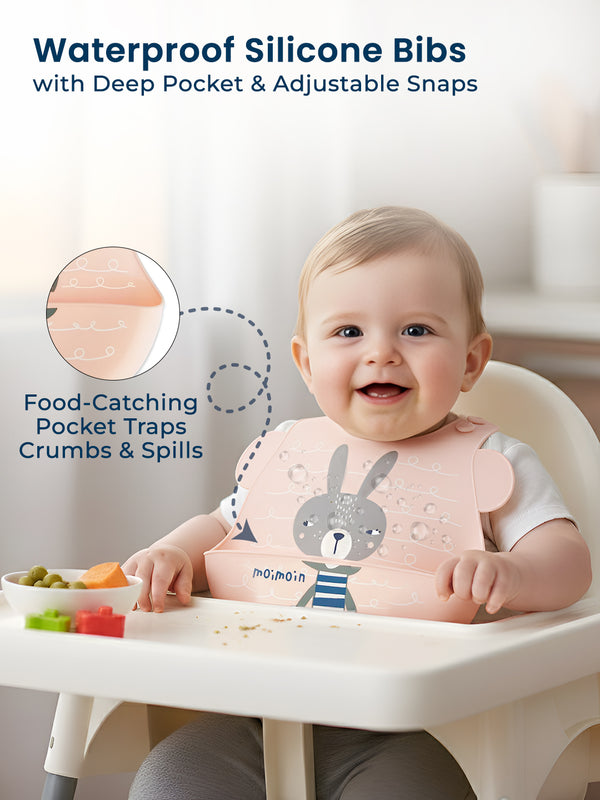 Polka Tots Waterproof Silicone Bibs with Pocket and Adjustable Snaps (Peach Bunny)
