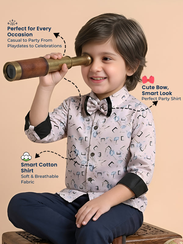 Polka Tots Cotton Full Sleeves Party Wear Shirt With Dual Bow Tie All Over Print - Light Pink
