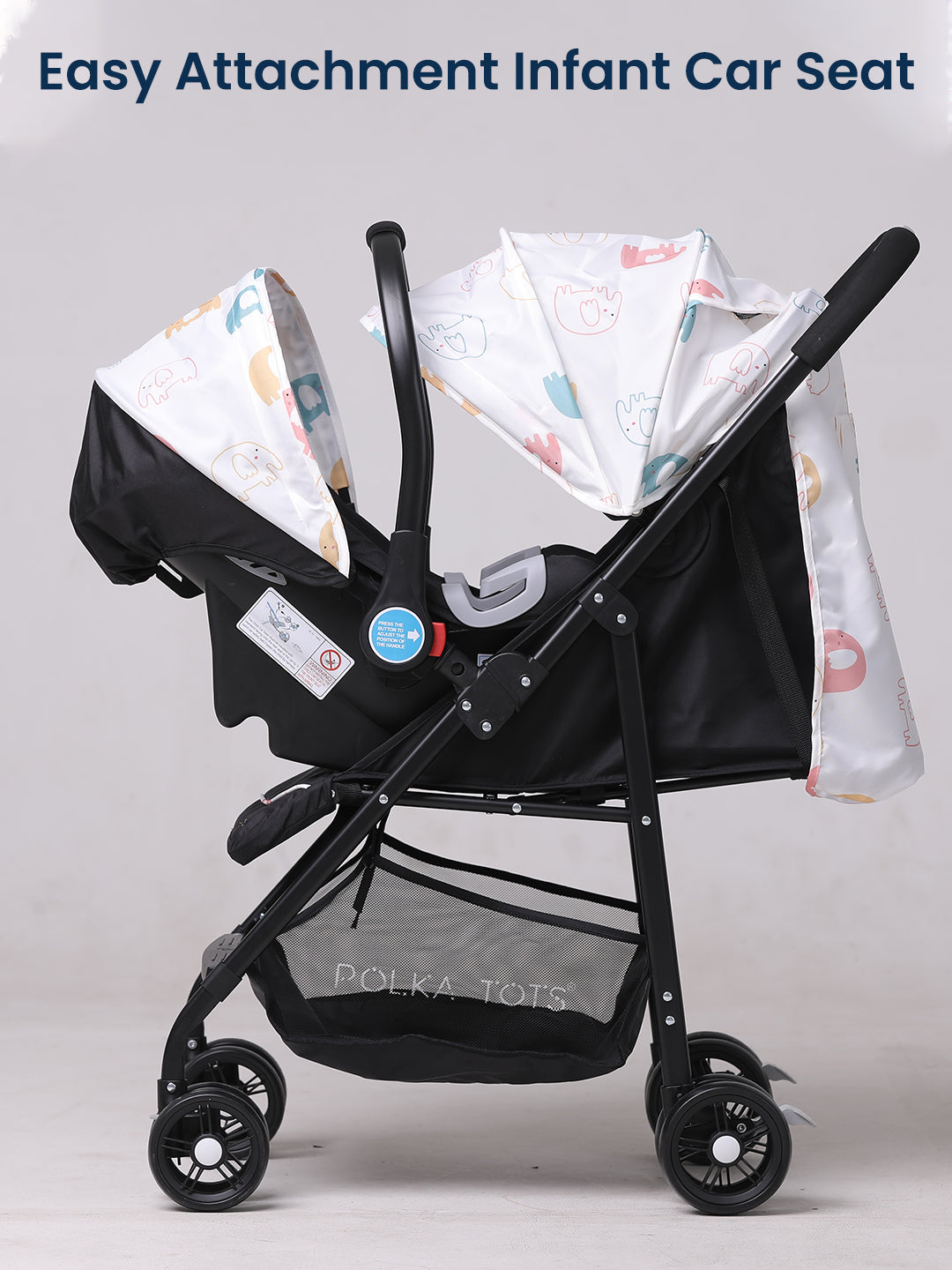 Black stroller with an attached infant car seat on a light gray background