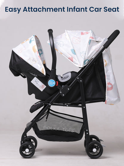 Black stroller with an attached infant car seat on a light gray background