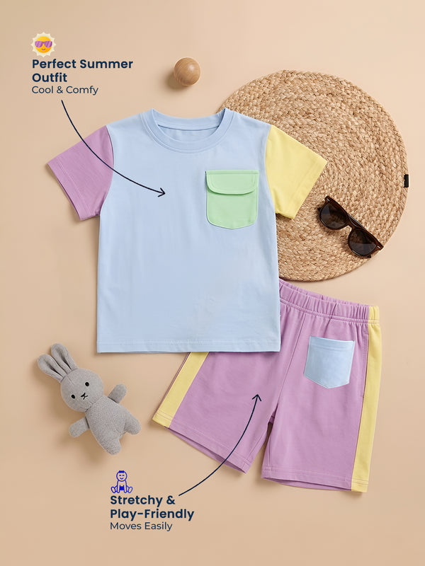 Polka Tots Half Sleeves Colorblock T-Shirt Shorts - Multicolor