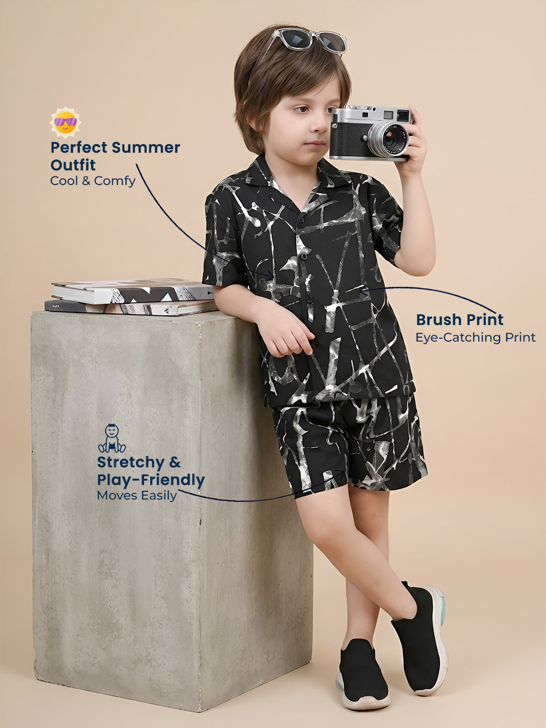 Polka Tots Half Sleeves Brush print Co-ords - Black