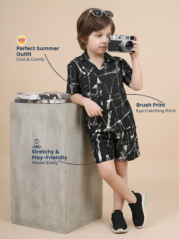 Polka Tots Half Sleeves Brush print Co-ords - Black
