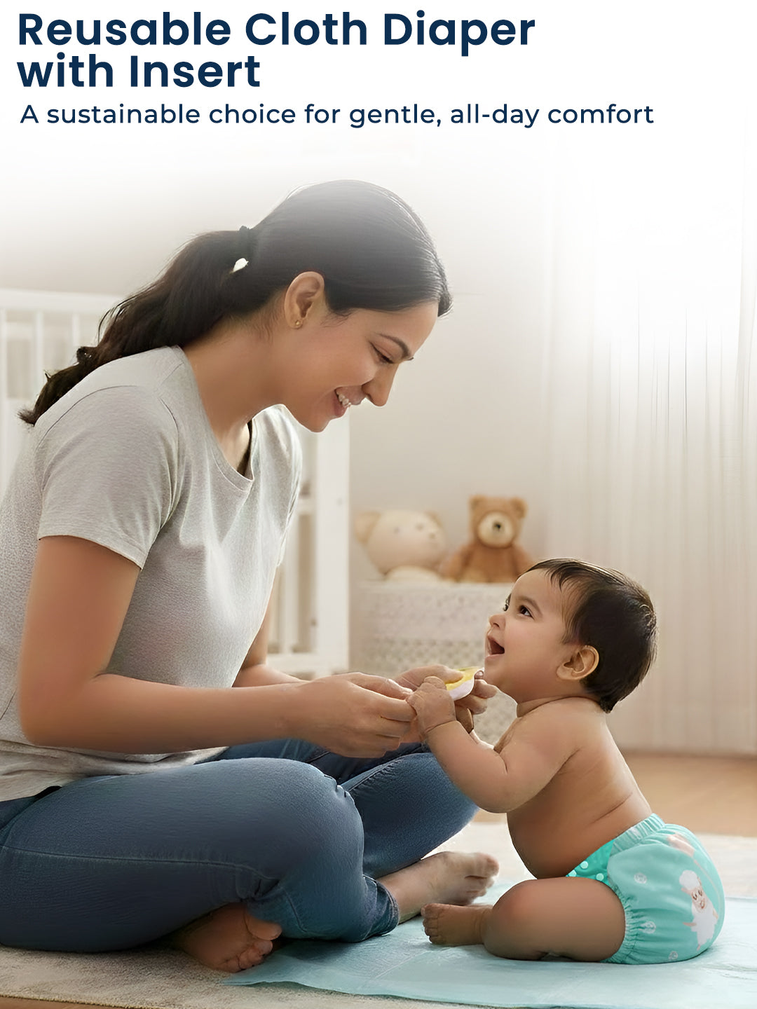 Woman feeding a baby in a diaper with text about reusable cloth diapers.