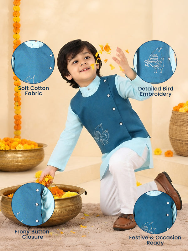 Polka Tots Full sleeves Birds Embroidery Koti Kurta Pyjama - Blue