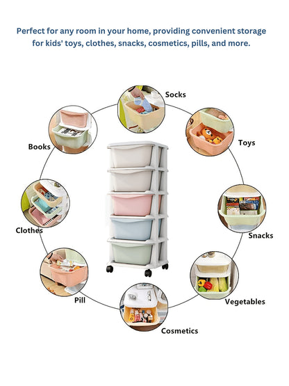 Multi-layered storage unit with various items on a white background