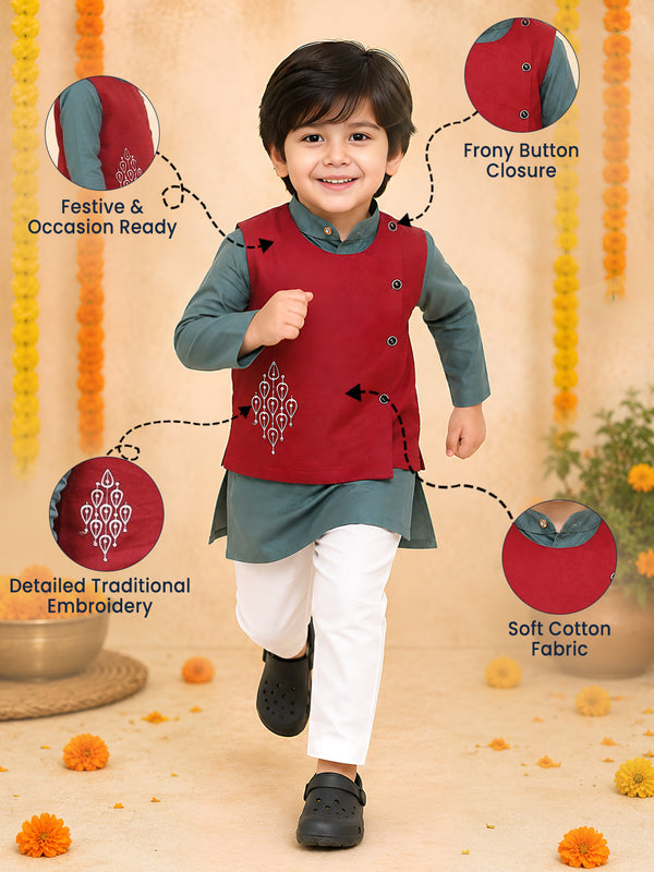 Polka Tots Full sleeves Traditional Embroidery Koti Kurta Pyjama - Grey