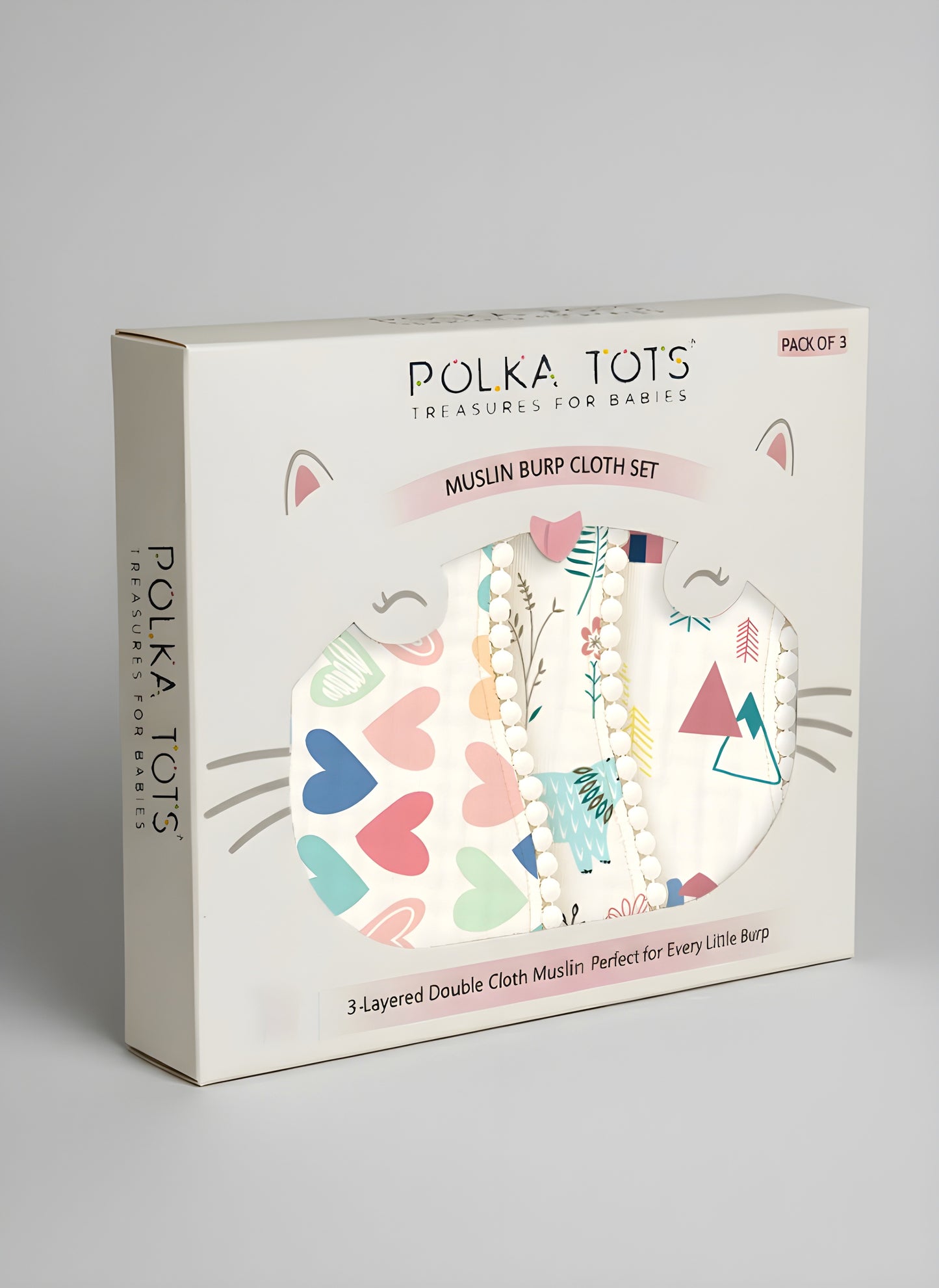Polka Tots Newborn Pack of 3 100% Soft Muslin Cotton Double Layer Burp Cloths with Pom-Pom Lace
