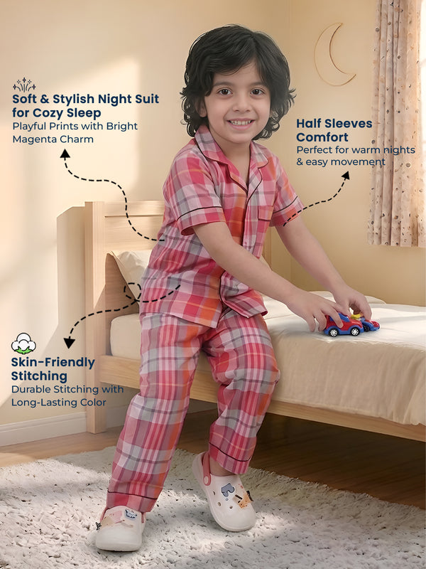 Polka Tots Half sleeves Checkered Night Suit - Magenta