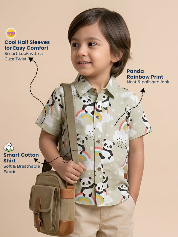 Polka Tots Half Sleeves Panda Rainbow Print Shirt - Cream
