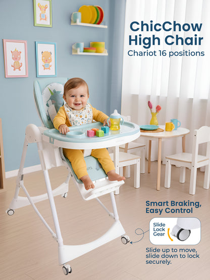 Child in a high chair with a play area, surrounded by children's furniture and decor.