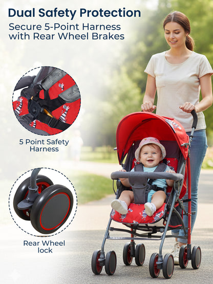 Woman pushing a red stroller with safety features highlighted, including a 5-point safety harness and rear wheel brakes.