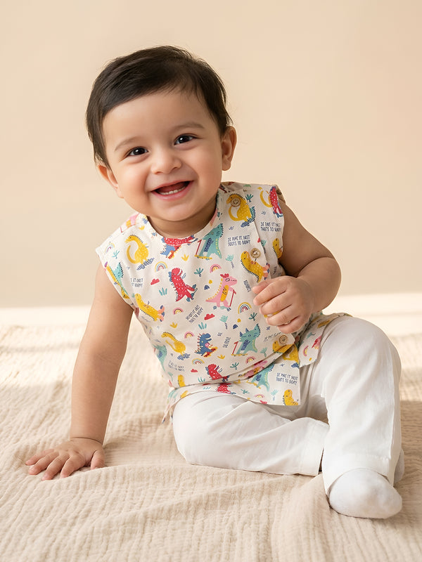 Polka Tots Cotton Sleeveless Dinosaur print Jhabla and Pant Set - Multicolor