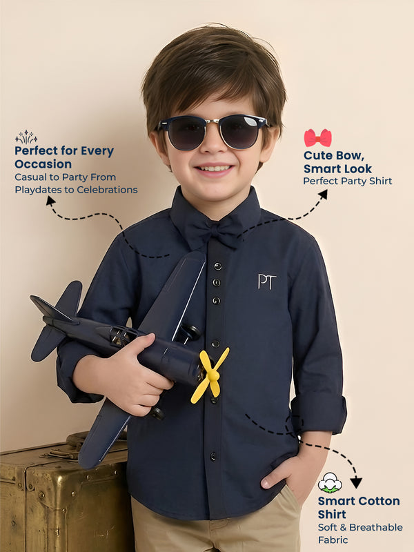 Polka Tots Full Sleeve Party Wear Reverse Collar Placket With Bow Tie Shirt - Dark Blue