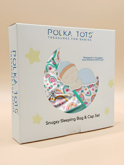 Polka Tots 100% Soft Cotton Rainbow Print Sleeping Bag with Cap - Multicolor