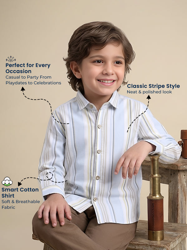 Polka Tots Full Sleeves Lining print Cotton Shirt - Blue