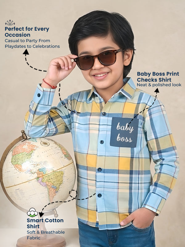 Polka Tots Full Sleeves Baby Boss print Checks Shirt - Light Blue