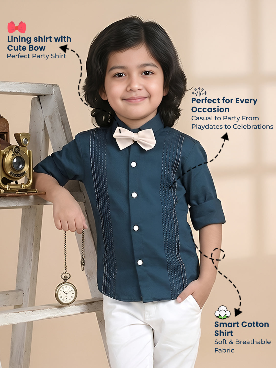 Polka Tots Full sleeves Lining shirt with Bow - Navy Blue