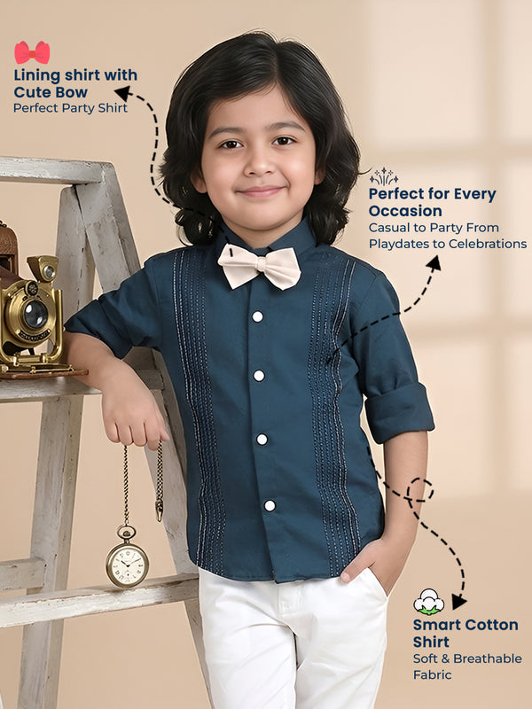 Polka Tots Full sleeves Lining shirt with Bow - Navy Blue