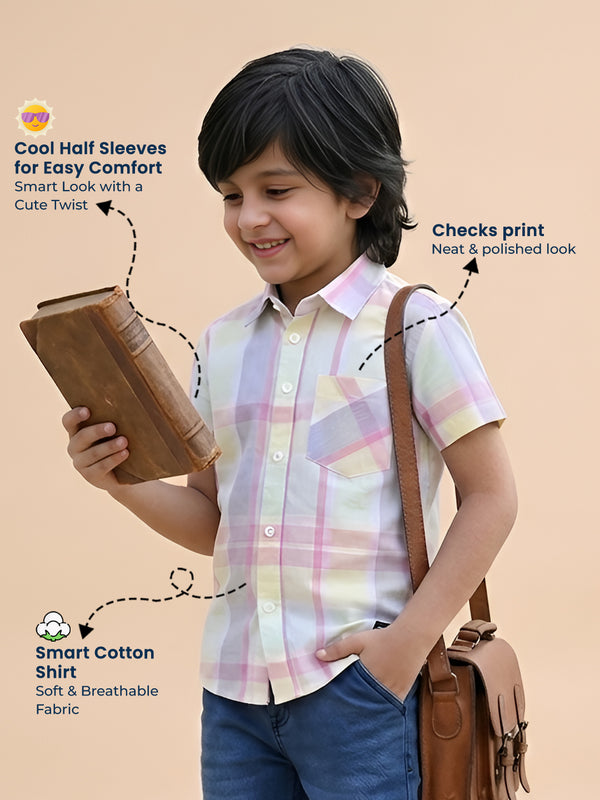 Polka Tots Half Sleeves Checks print Kids Shirt - Yellow