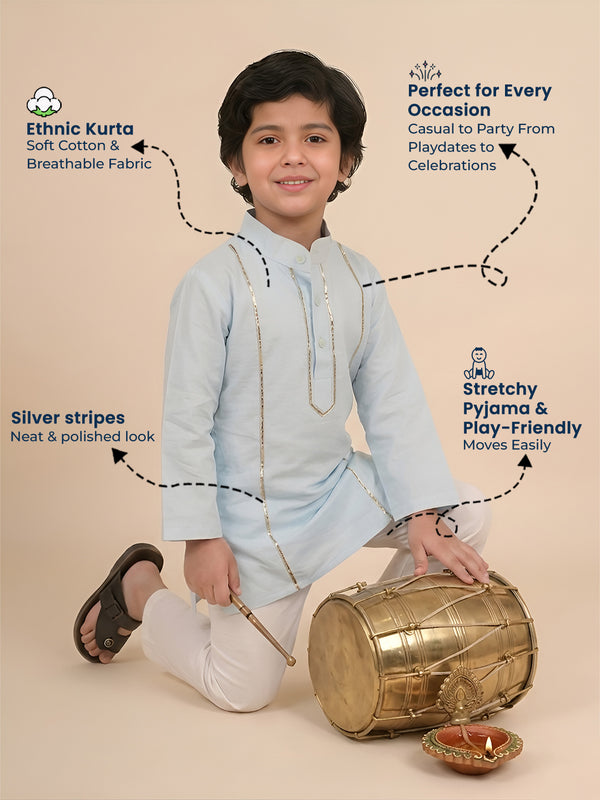 Polka Tots Full Sleeve Silver stripe Kurta Pyjama Set - Blue