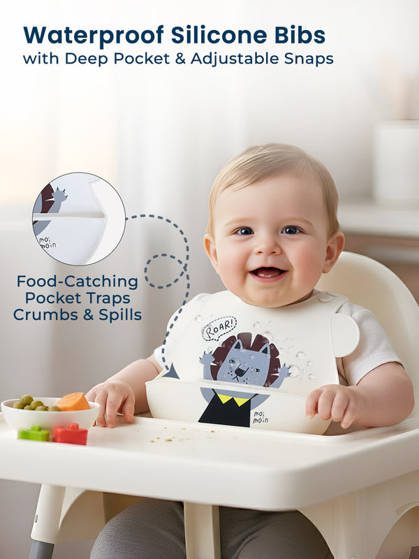 Polka Tots Waterproof Silicone Bibs with Pocket and Adjustable Snaps (White Lion)