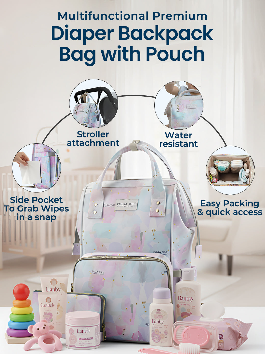 Multifunctional premium diaper backpack bag with pouch featuring stroller attachment, water resistance, side pocket, and easy packing features.