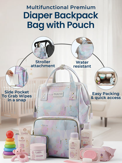 Multifunctional premium diaper backpack bag with pouch featuring stroller attachment, water resistance, side pocket, and easy packing features.