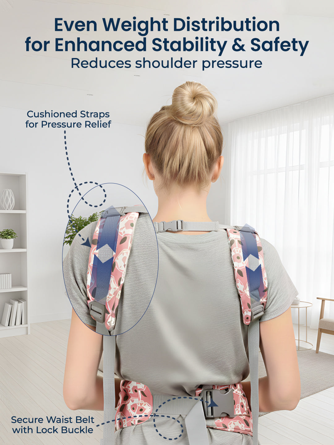 Person wearing a baby carrier with text about weight distribution and safety features.