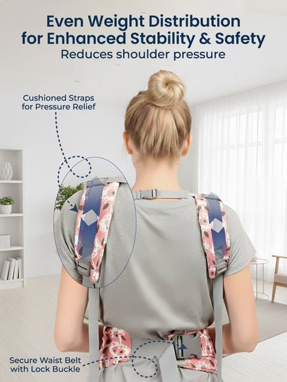 Person wearing a baby carrier with text about weight distribution and safety features.