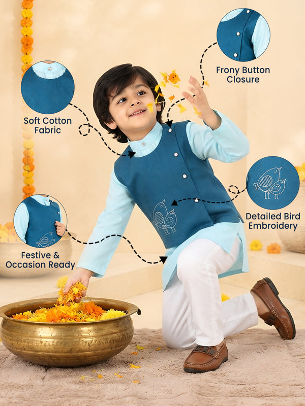 Polka Tots Full sleeves Birds Embroidery Koti Kurta Pyjama - Blue