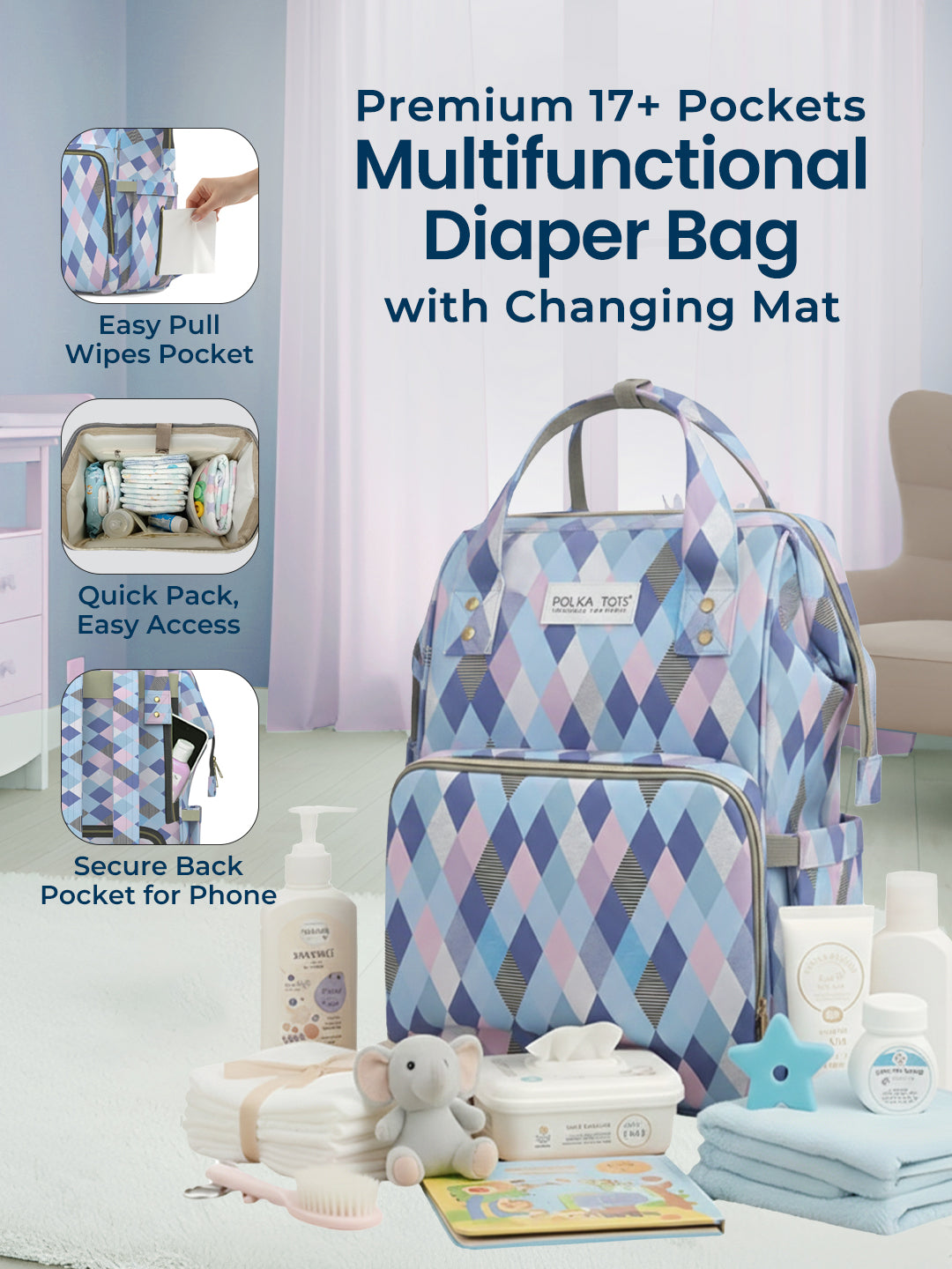 Multifunctional diaper bag with changing mat and baby items on a light background