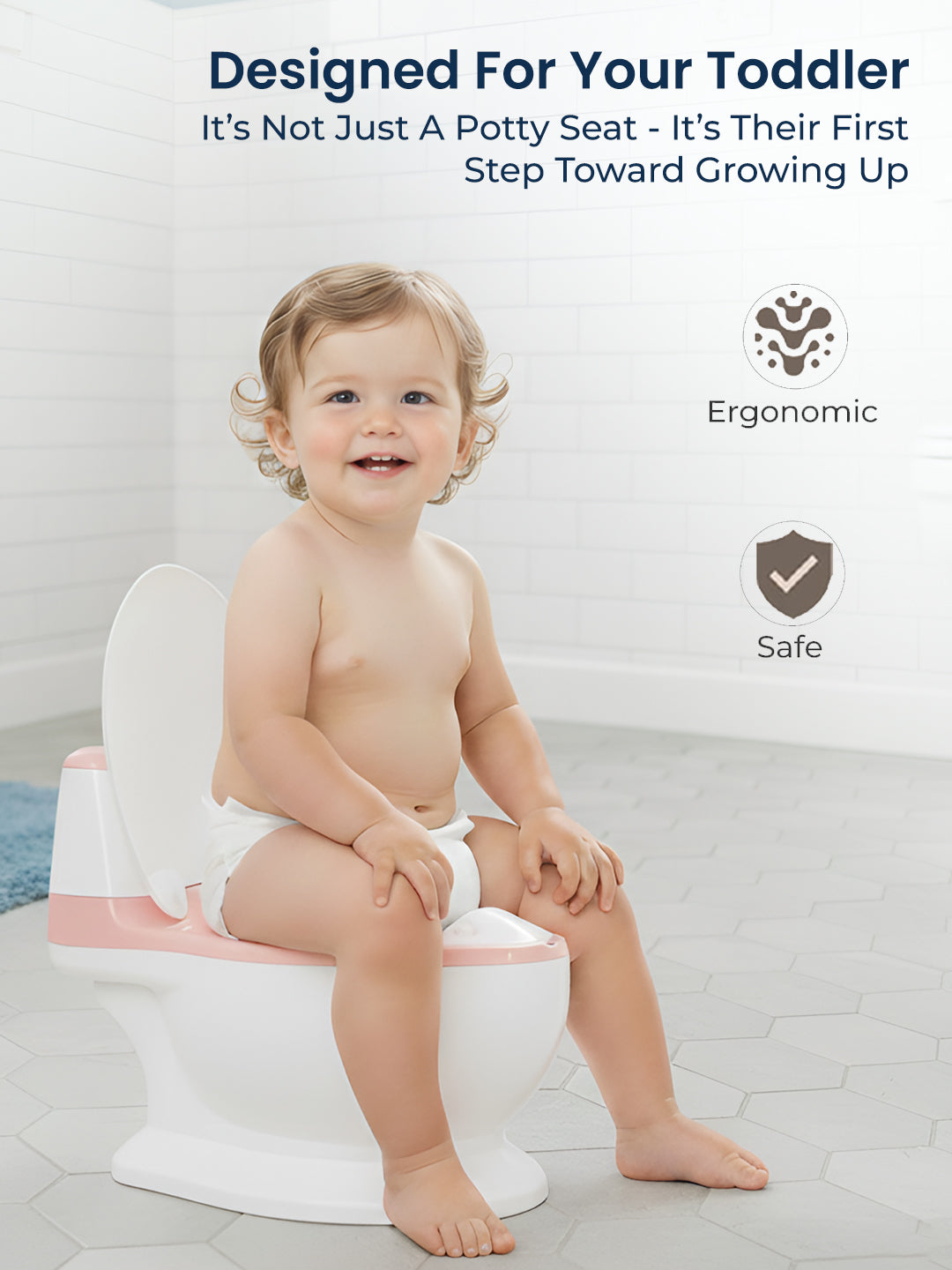 Child sitting on a potty seat with text about its benefits for toddlers.