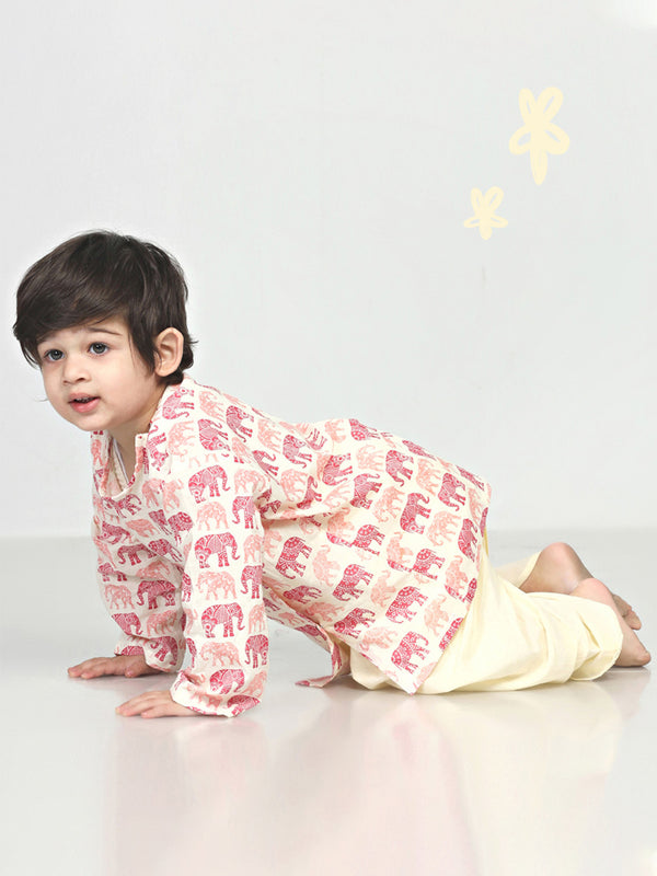 Polka Tots Dhoti Kurta Set for Boys 100% Super Soft Cotton Traditional Ethnic Wear For Kids Red Elephant - Cream