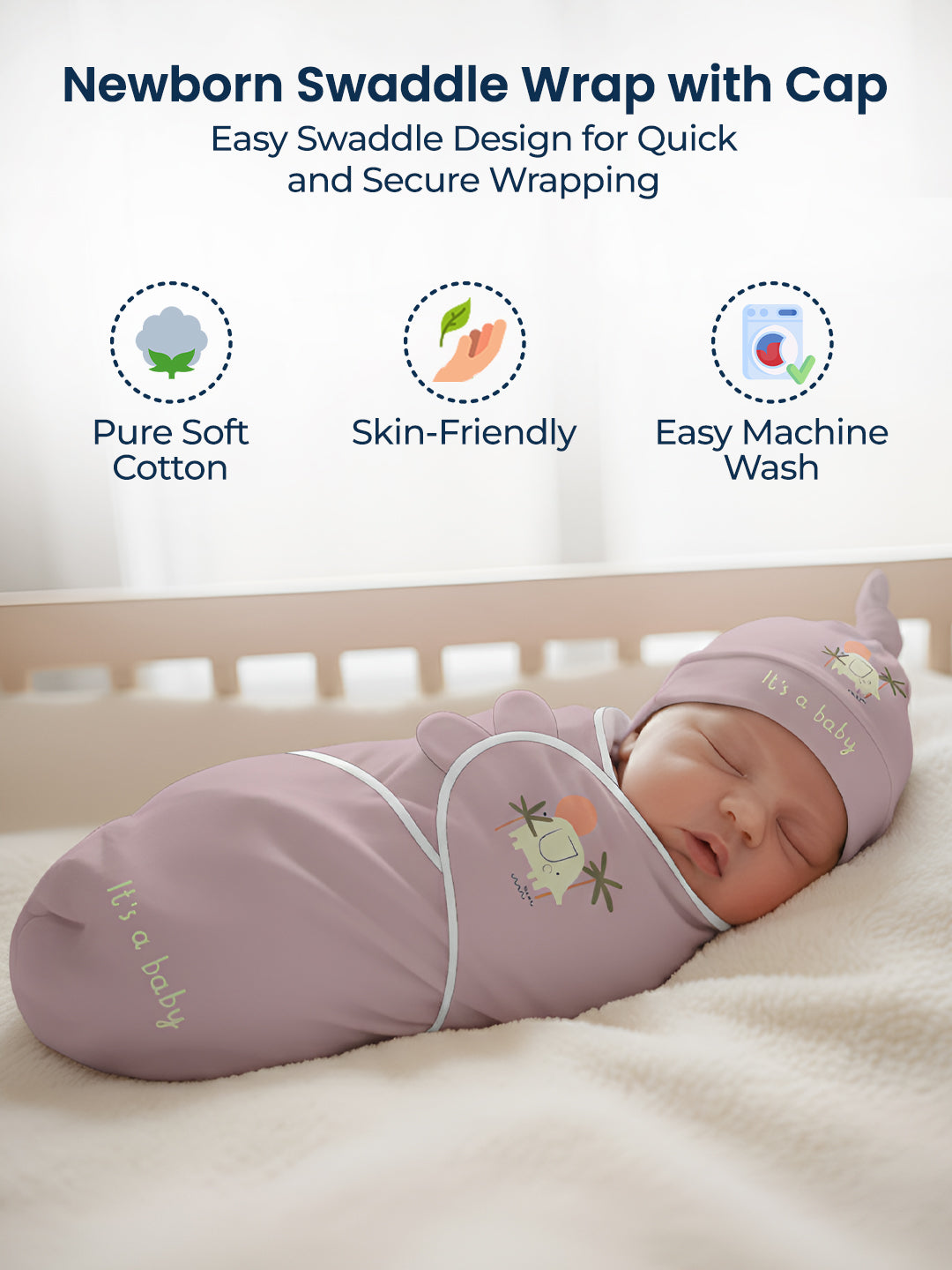 Polka Tots Cute Elephant print swaddle wrap with Cap - Lavender