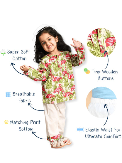 Polka Tots Swan print Front open Full sleeves Nightwear Kurta pyjama set - Pink