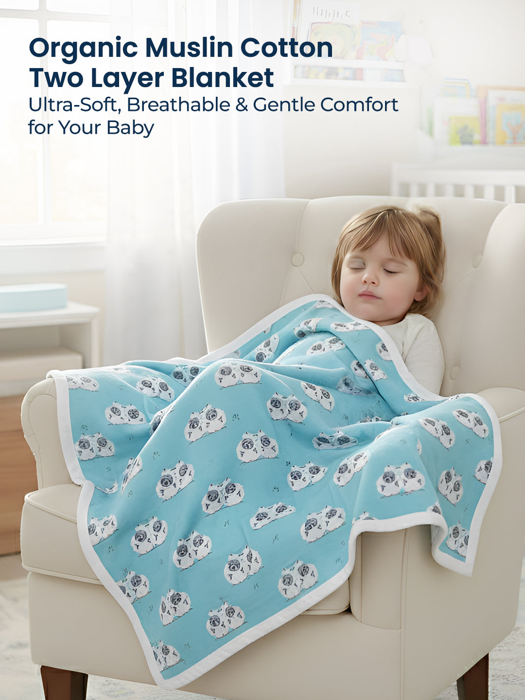 Polka Tots Organic Muslin Cotton two Layer Blanket SuperSoft Size 110 x 110 CM (Sheep)