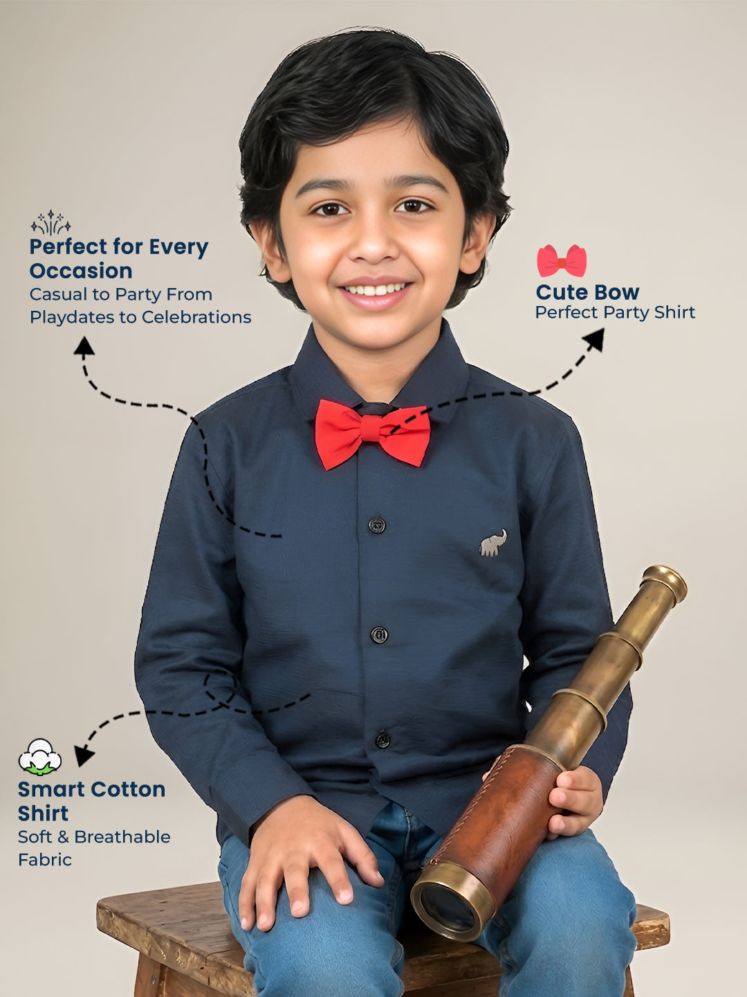 Polka Tots Full Sleeves Solid Shirt With Bow Tie - Navy Blue