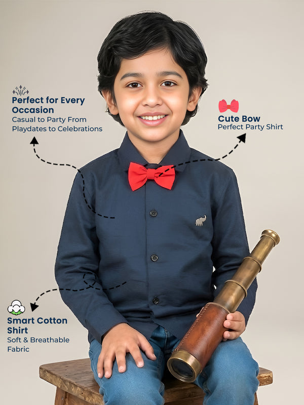 Polka Tots Full Sleeves Solid Shirt With Bow Tie - Navy Blue