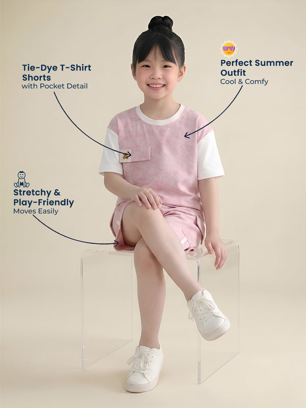 Polka Tots Half Sleeves Tie-Dye T-Shirt Shorts with Pocket Detail - Pink
