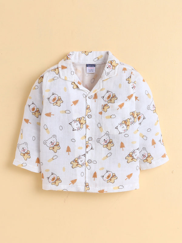 MulMul Sparsh Full Sleeve Animal Characters Print Muslin Jabla & Pant Set - White