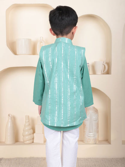 Polka Tots Full Sleeve Ethnic Kurta Pyjama Set with Foil Striped Koti - Aqua