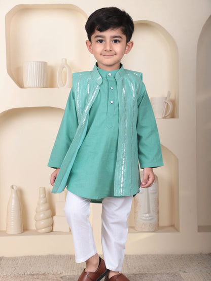 Polka Tots Full Sleeve Ethnic Kurta Pyjama Set with Foil Striped Koti - Aqua