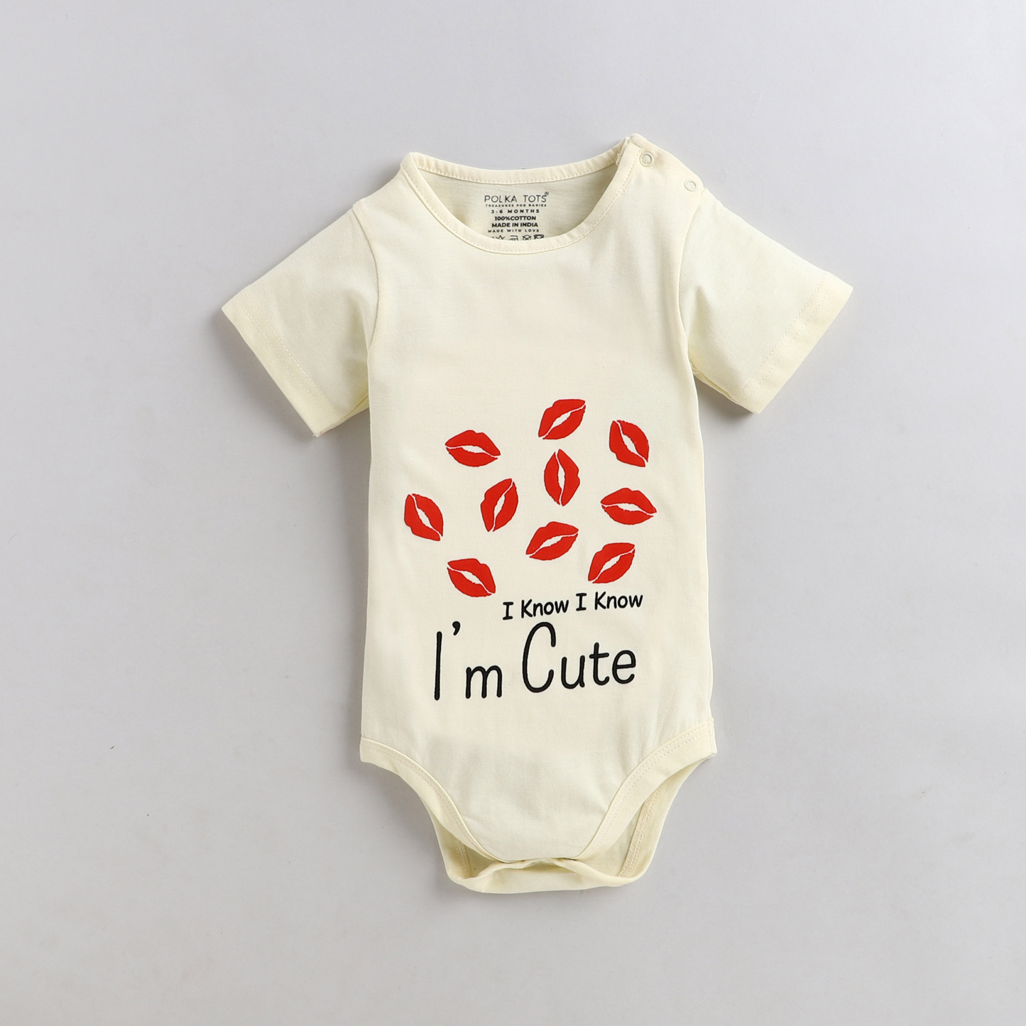 Polka Tots Half Sleeve I Know Im Cute Print Romper Onesie - Cream