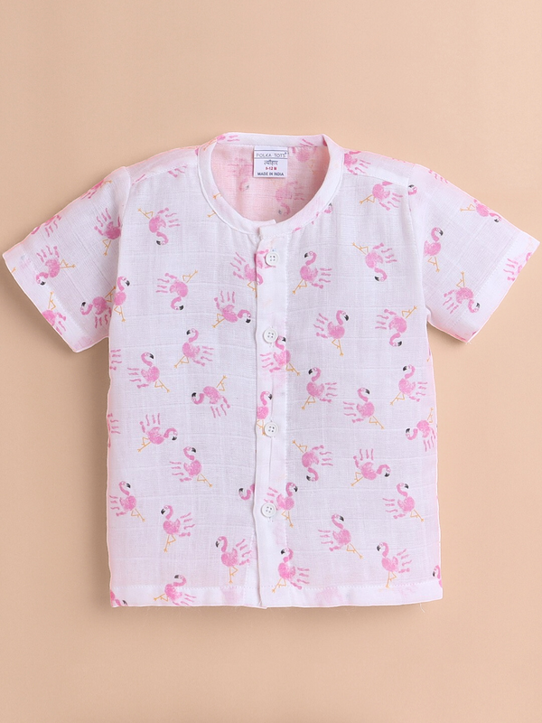 Polka Tots Soft Muslin Cotton Half sleeves Flamingo Fingers print Jhabla and Pant Set - White & Pink