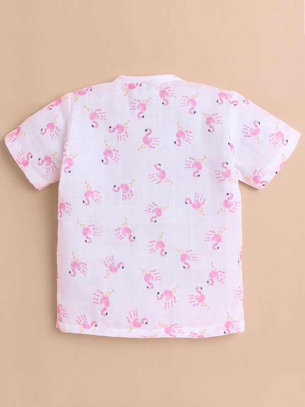Polka Tots Soft Muslin Cotton Half sleeves Flamingo Fingers print Jhabla and Pant Set - White & Pink