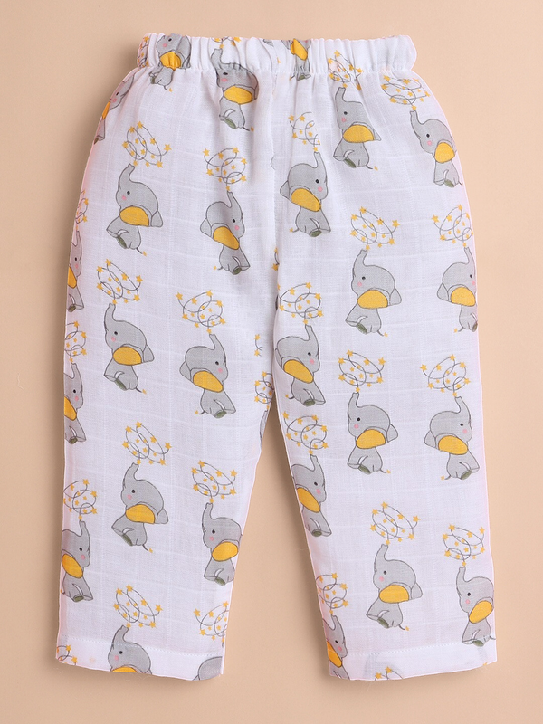 Polka Tots Soft Muslin Cotton Half sleeves Jumbo jr. print Jhabla and Pant Set - White