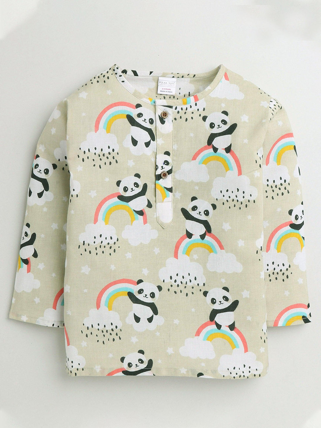 Polka Tots Panda Rainbow Print Full sleeves Nightwear Kurta pyjama set - Cream